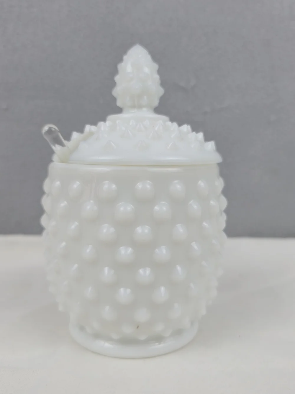 Vintage Fenton White Milk Glass Hobnail Jam / Jelly Jar with Lid & Spoon